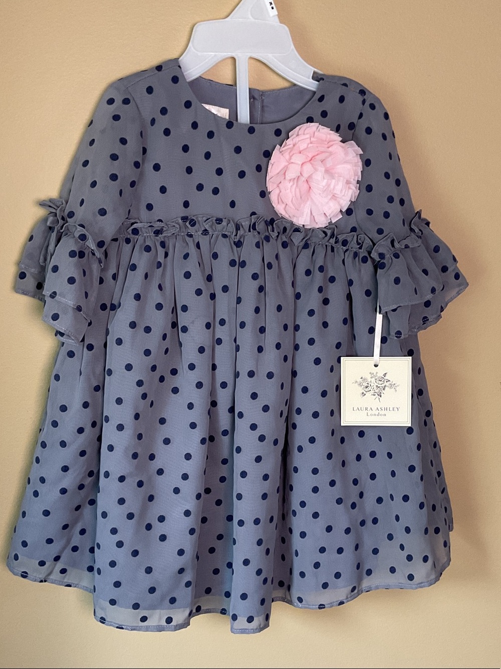 Laura Ashley Grey Dress with Navy Polka Dots and Pink Flower size 24mon